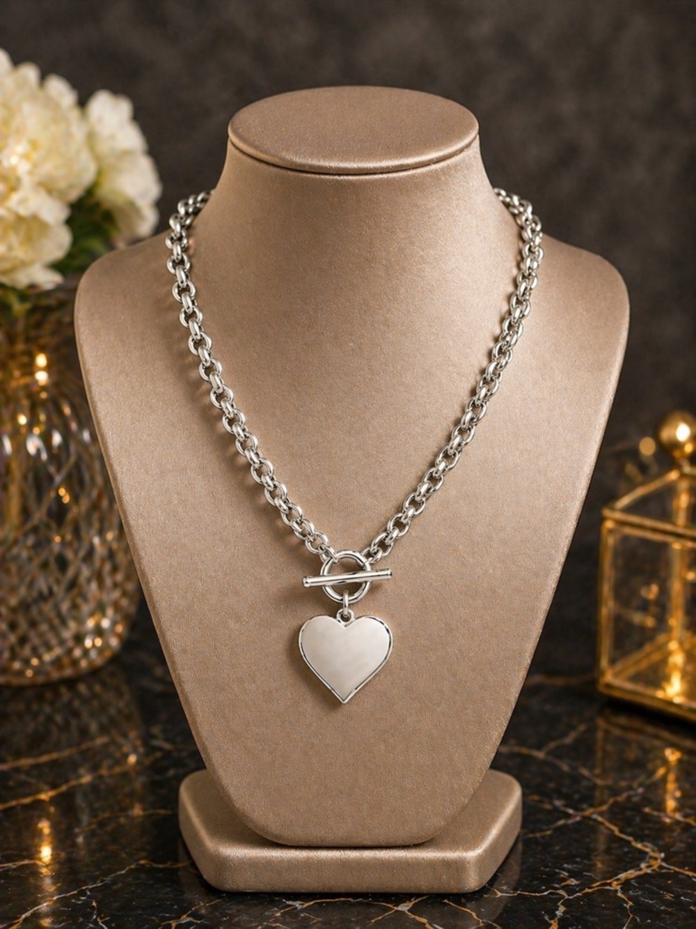 Silver-Tone Toggle Heart Charm Necklace | Chunky Chain Statement